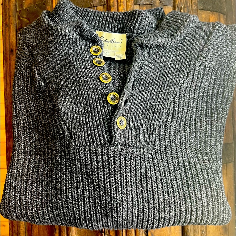 Men’s Tall Large Eddie Bauer Classic Charcoal Henley Sweater